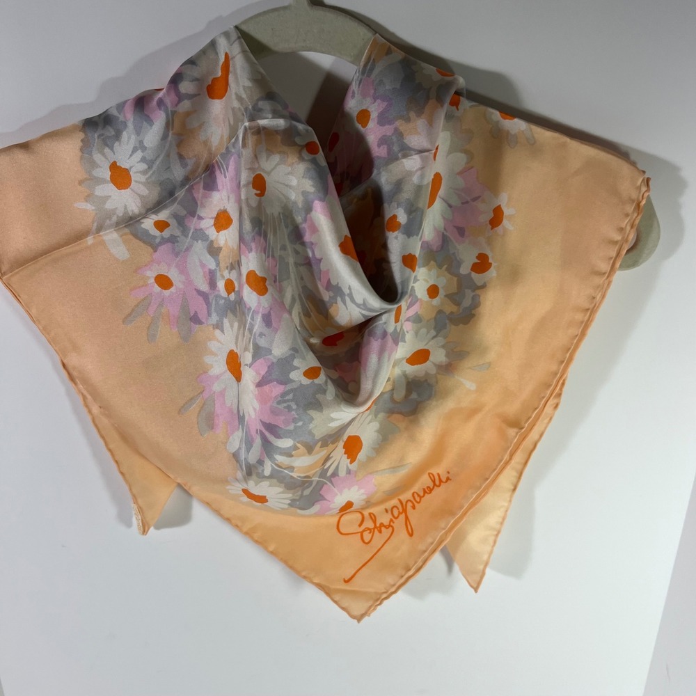 Vintage Schiaparelli Handrolled Silk Scarf Japan Floral Peach White Gray 28"